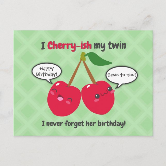 Postal Cumpleaños de gemelos Kawaii de cereza roja linda (Anverso)