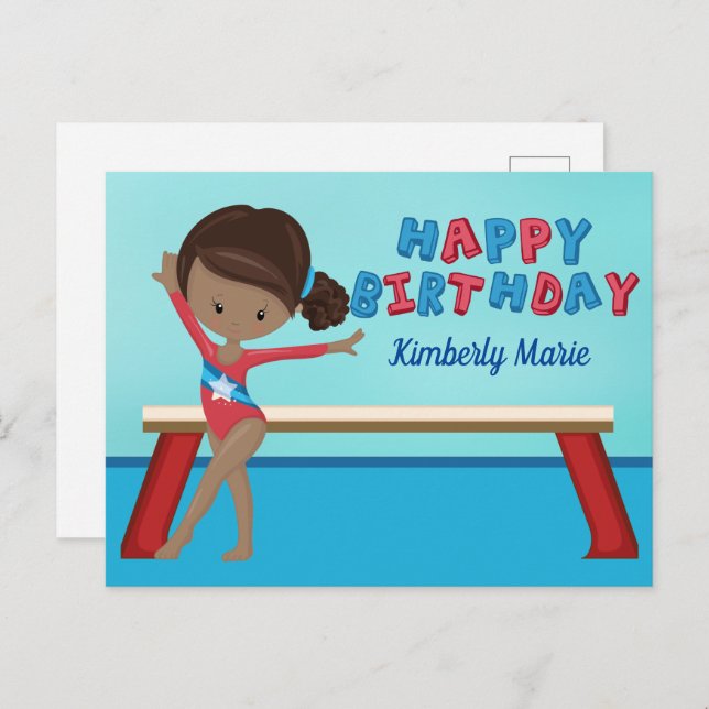 Postal Cumpleaños de gimnasia de niña afroamericana (Anverso / Reverso)