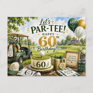 Postal Cumpleaños de golf 60 con carrito de golf en verde