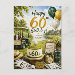 Postal Cumpleaños de golf 60 con carrito de golf en verde