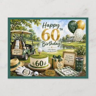 Postal Cumpleaños de golf 60 con carrito de golf en verde