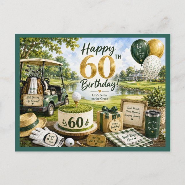 Postal Cumpleaños de golf 60 con carrito de golf en verde (Anverso)