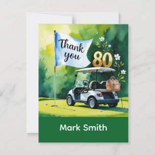 Postal Cumpleaños de golf 80 con carrito de golf en verde