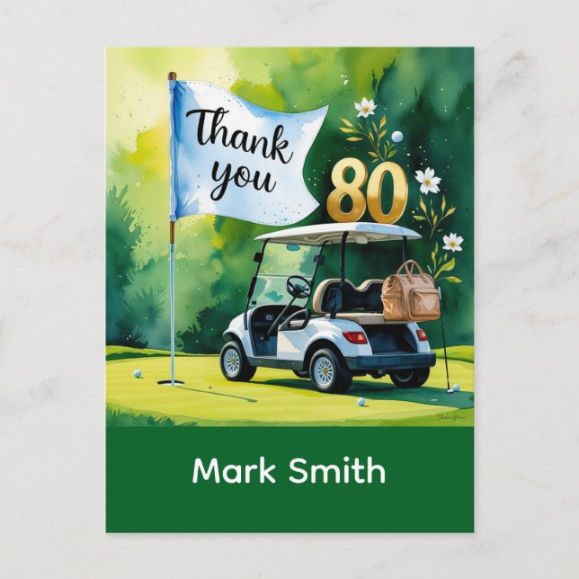 Postal Cumpleaños de golf 80 con carrito de golf en verde (Anverso)