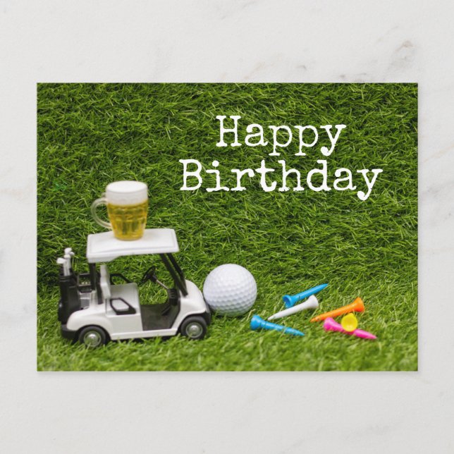 Postal Cumpleaños de golf con bolas y cerveza con té (Anverso)