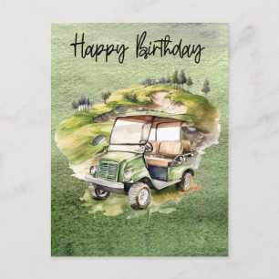 Postal Cumpleaños de golf con carrito de golf  acuarela