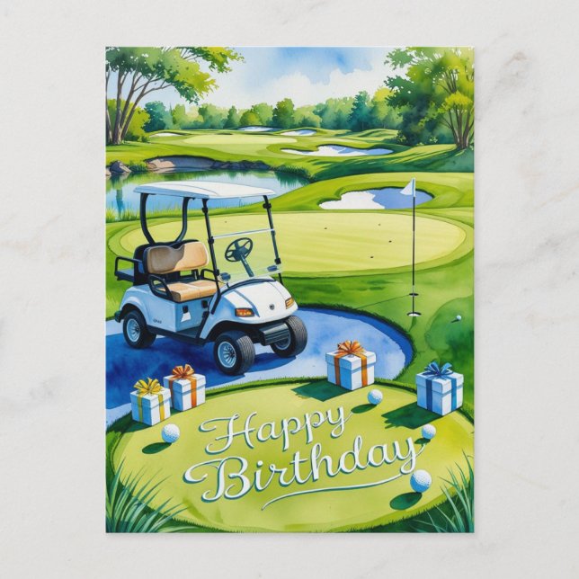 Postal Cumpleaños de golf con carrito de golf para golfis (Anverso)