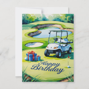 Postal Cumpleaños de golf con carrito de golf para golfis