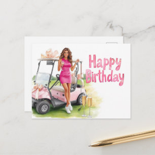Postal Cumpleaños de golf con mujer golfista y carrito ro