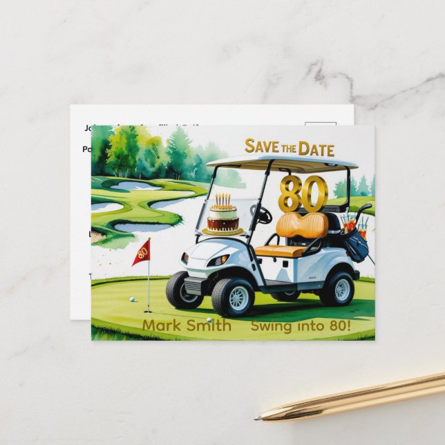 Postal Cumpleaños de golf de 80 años con carrito de golf  (Anverso/Reverso In Situ)
