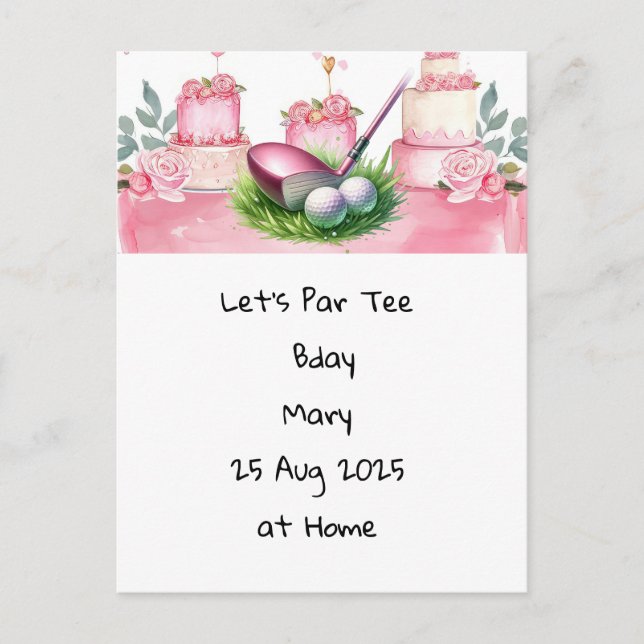 Postal Cumpleaños de Golf tema Rosa para Golfista Dama (Anverso)
