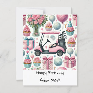 Postal Cumpleaños de GOLF tema ROSA para mujer golfista
