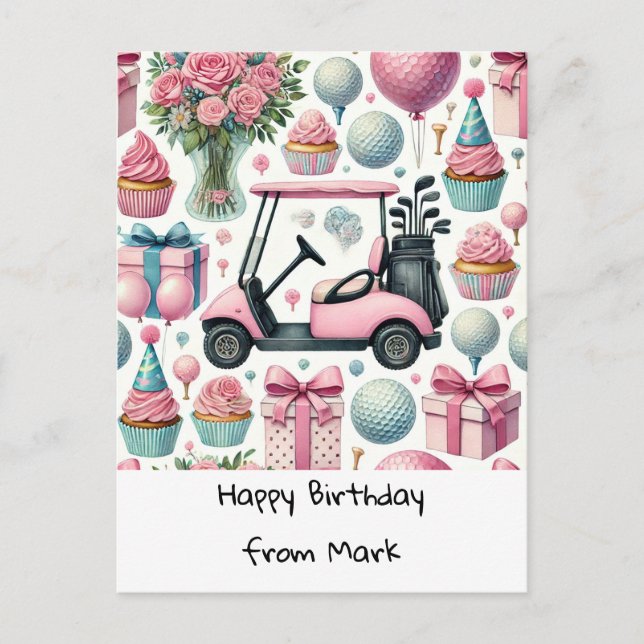 Postal Cumpleaños de GOLF tema ROSA para mujer golfista (Anverso)