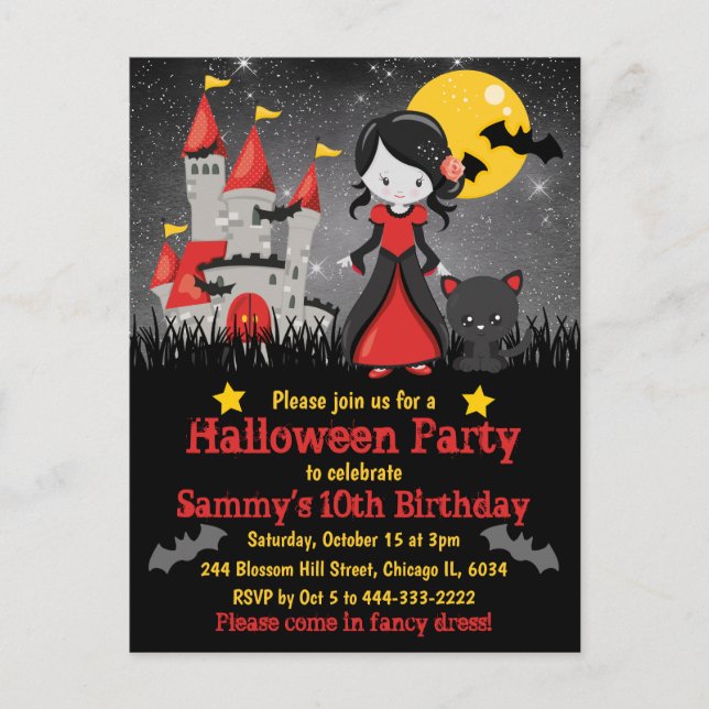 Postal Cumpleaños de Halloween de niña vampiro linda y ca (Anverso)