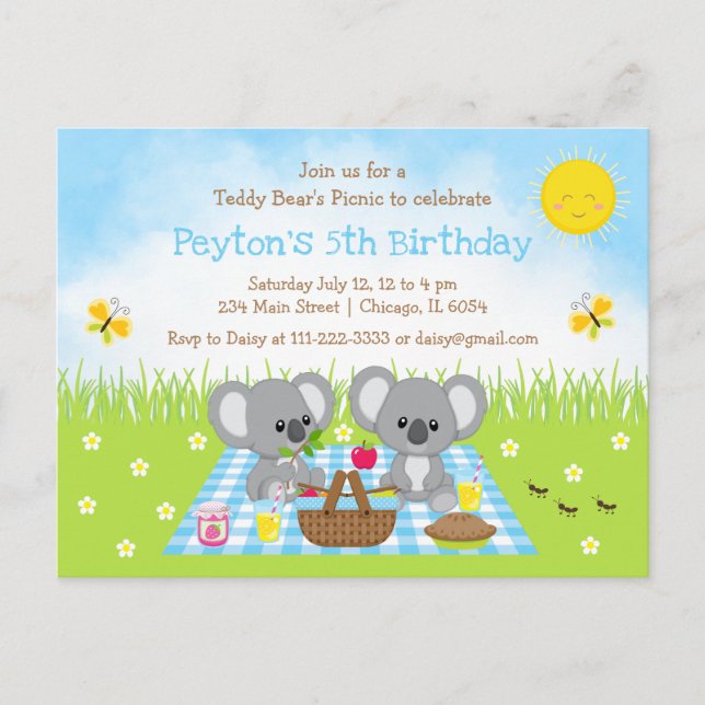 Postal Cumpleaños de Koala Bear en el Picnic Blue Gingham (Anverso)
