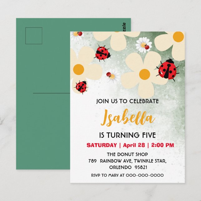 Postal Cumpleaños de la flor Daisy de la mariquita de lun (Anverso / Reverso)