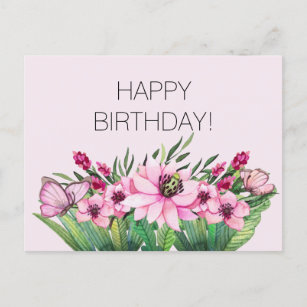 Postal Cumpleaños de la mariposa floral rosa bonito