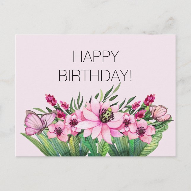 Postal Cumpleaños de la mariposa floral rosa de bonito (Anverso)