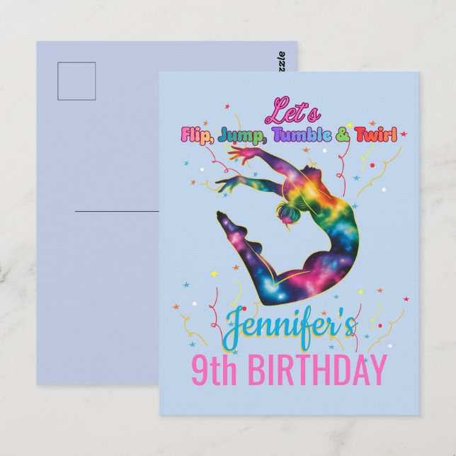 Postal Cumpleaños de la niña para dar volteretas, saltar, (Anverso / Reverso)