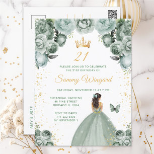 Postal Cumpleaños de la Princesa de Cabello Castaño Verde