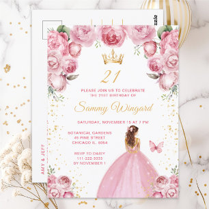 Postal Cumpleaños de la princesa de cabello marrón rosa r