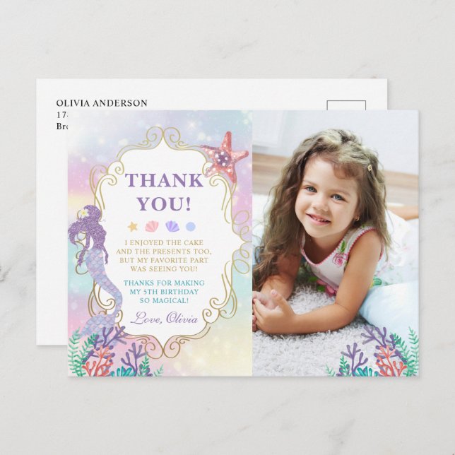 Postal Cumpleaños De La Sirena Bajo El Mar. Foto Gracias. (Anverso / Reverso)