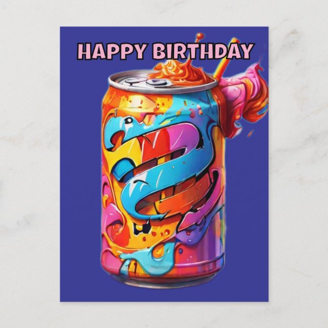Postal cumpleaños de lata de refresco colorido psicodélic (Anverso)