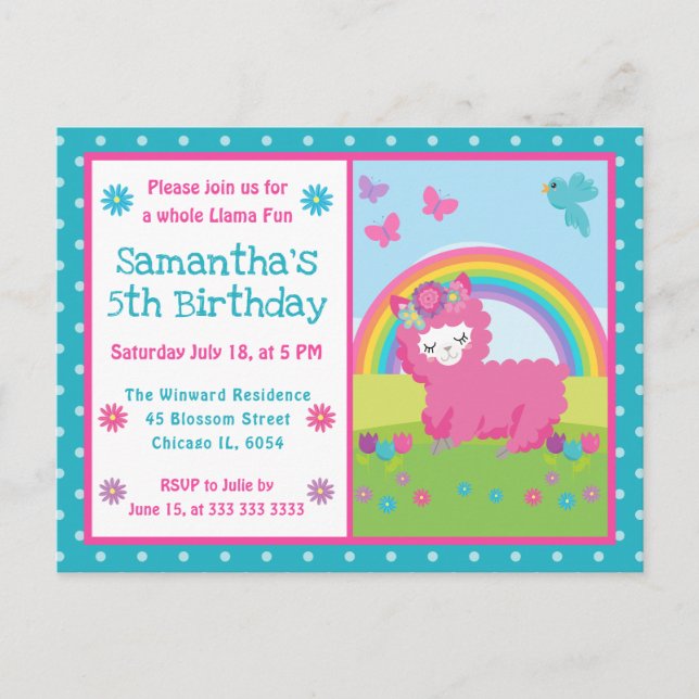 Postal Cumpleaños de Llama Rosa Floral Lindo Arcoíris (Anverso)