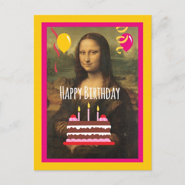 Postal Cumpleaños de Mona Lisa con pasteles y globos (Anverso)