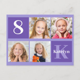 Postal Cumpleaños de niña con foto morada personalizada