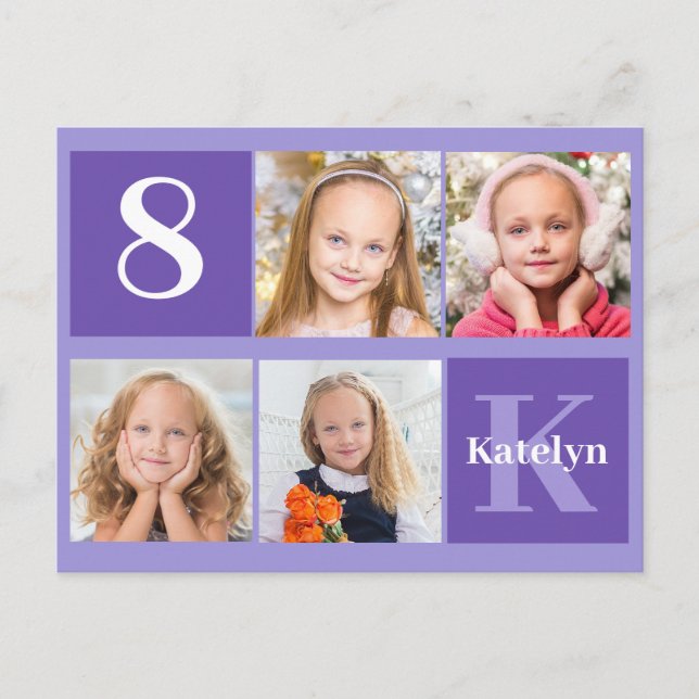Postal Cumpleaños de niña con foto morada personalizada (Anverso)