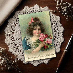 Postal Cumpleaños de niña con rosas rosadas vintage 1904