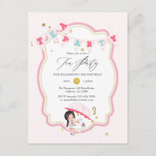 Postal Cumpleaños de niña de 3 años con té y fiesta rosa 