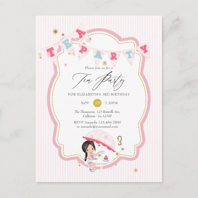 Postal Cumpleaños de niña de 3 años con té y fiesta rosa  (Anverso)