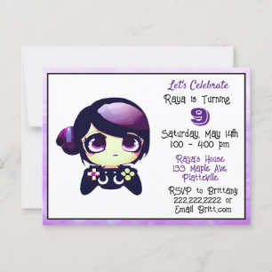 Postal Cumpleaños de niña de anime jugando videojuegos pú