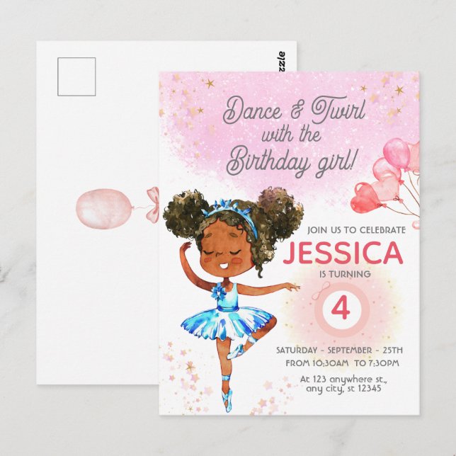 Postal Cumpleaños de niña de ballet rosa bailando y giran (Anverso / Reverso)
