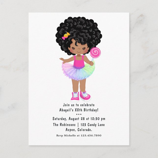 Postal Cumpleaños de niña de Candyland afroamericana (Anverso)
