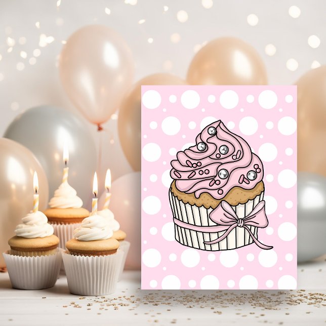 Postal Cumpleaños de niña de Cupcakes Rosas y Lunares  (Subido por el creador)