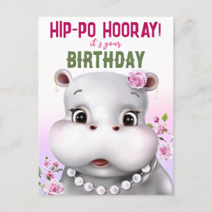 Postal Cumpleaños de niña Hippo Pink Floral