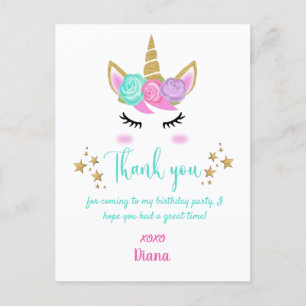 Postal Cumpleaños de niña tema unicornio Gracias