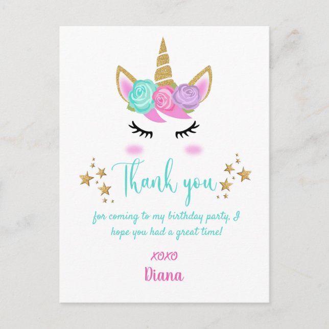 Postal Cumpleaños de niña tema unicornio Gracias (Anverso)
