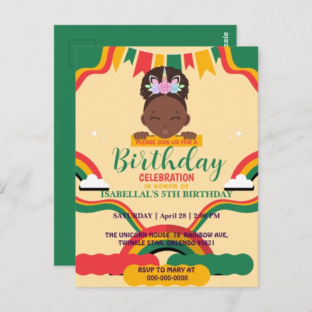 Postal Cumpleaños de niñas afroamericanas de unicornio af (Anverso / Reverso)