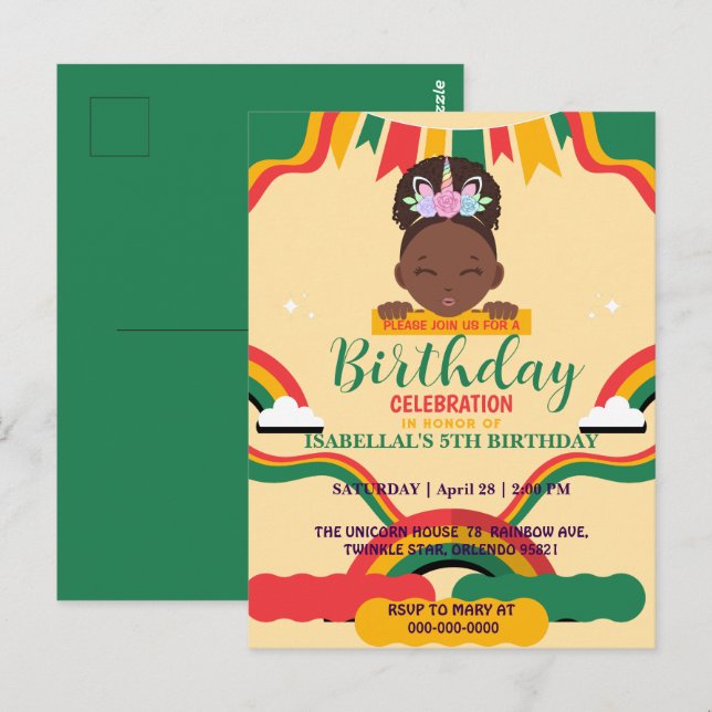 Postal Cumpleaños de niñas afroamericanas unicornio afro  (Anverso / Reverso)