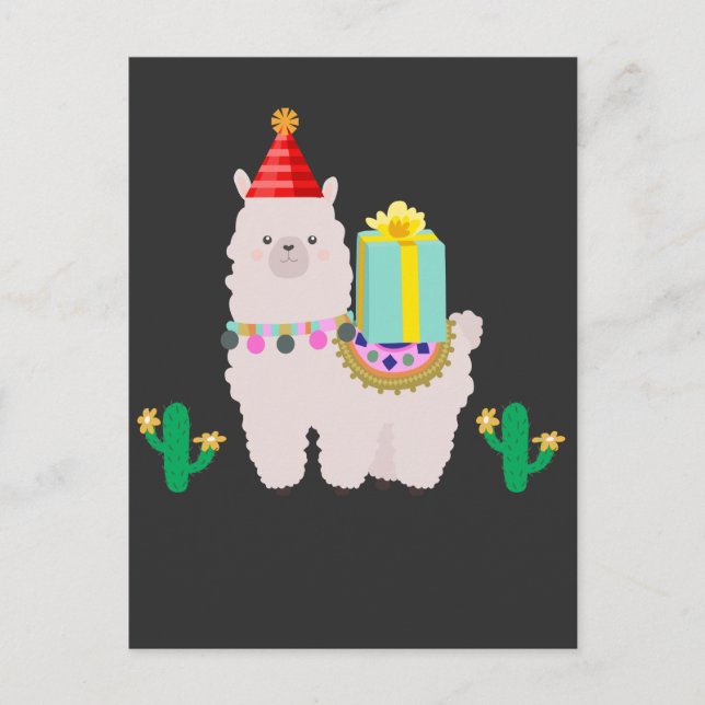 Postal Cumpleaños de niñas con alpaca llama cactus lindo  (Anverso)