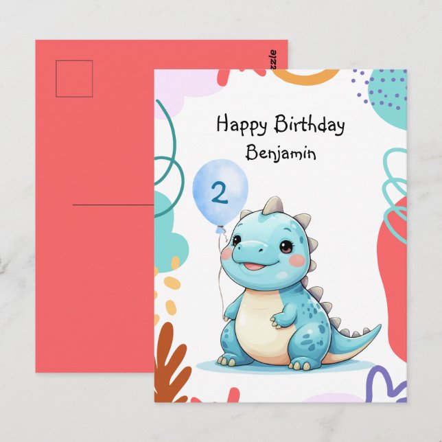 Postal Cumpleaños de niño salvaje dinosaurio lindo fiesta (Anverso / Reverso)