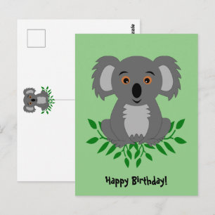 Postal Cumpleaños de niños con koala lindo y eucalipto