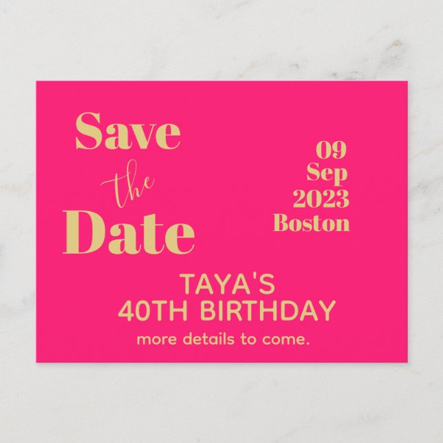 Postal Cumpleaños de oro rosa Save The Date   (Anverso)