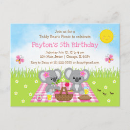 Postal Cumpleaños de osito koala con tela a cuadros rosa