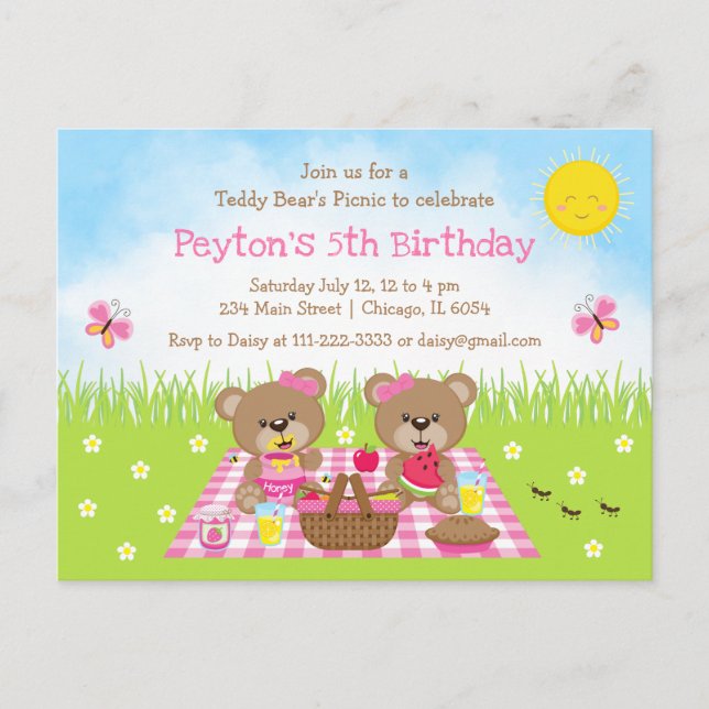 Postal Cumpleaños de Oso de Peluche con Cuadros Rosados (Anverso)