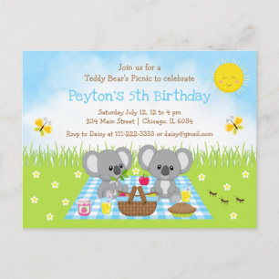 Postal Cumpleaños de Oso Koala con Manta a Cuadros Azules